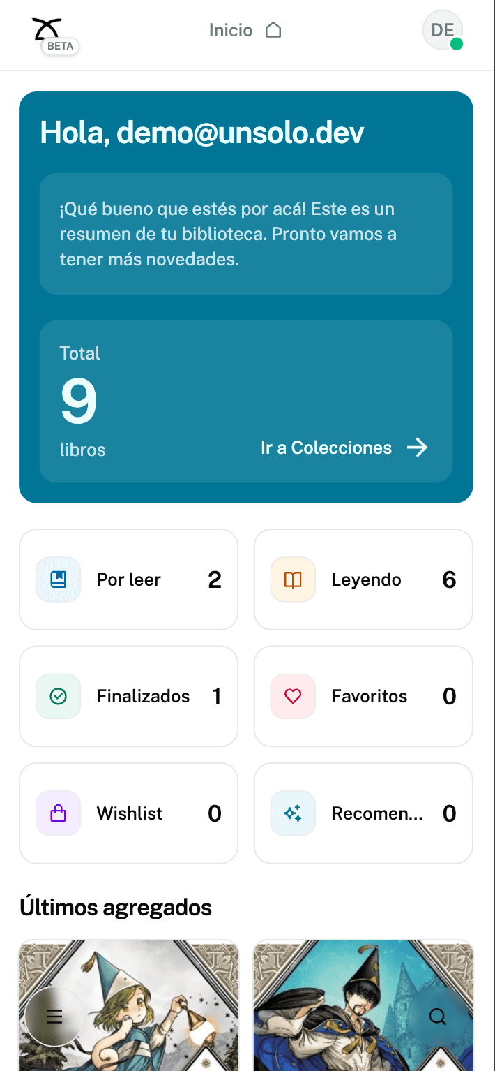 Home de Bunko con resumen de biblioteca y últimos agregados